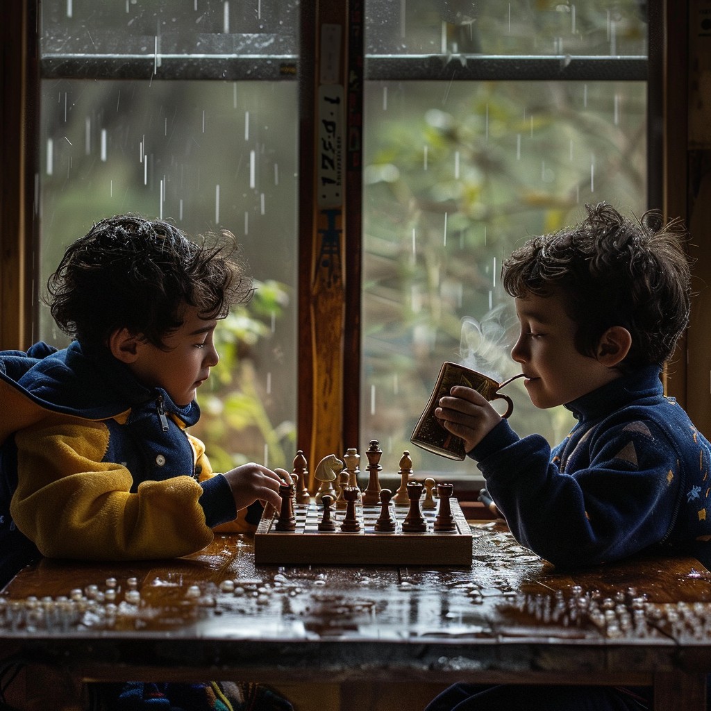 little boys playing chess in monsoon